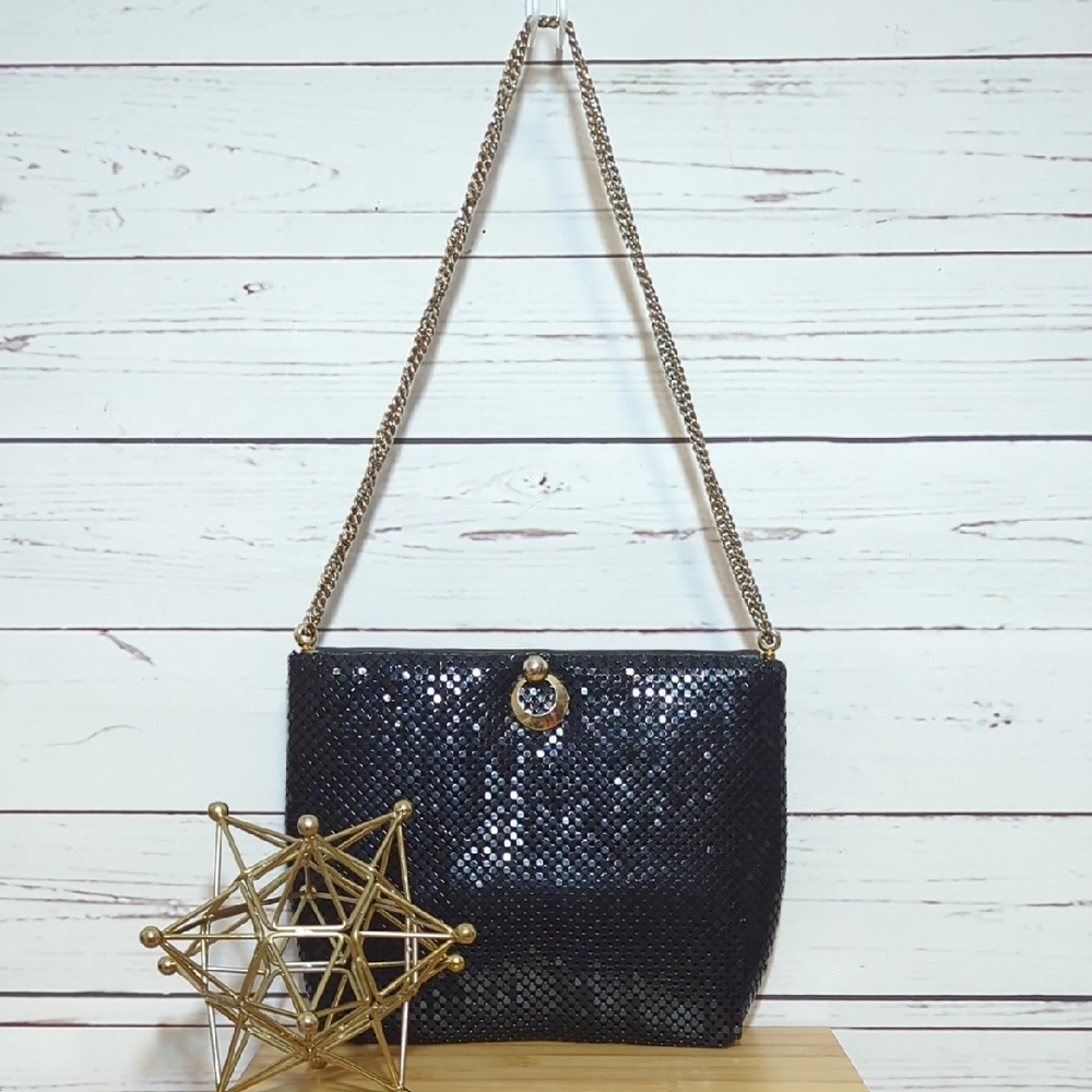 Vintage Rivoli Black Sequin Metal Mesh Gold Chain‎ Purse Old Hollywood Glam 20's